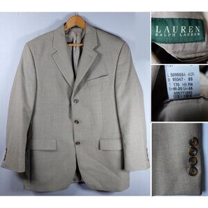 Lauren Ralph Lauren Suit Jacket 40R Beige 100% Wool Luxury Sport Coat Blazer